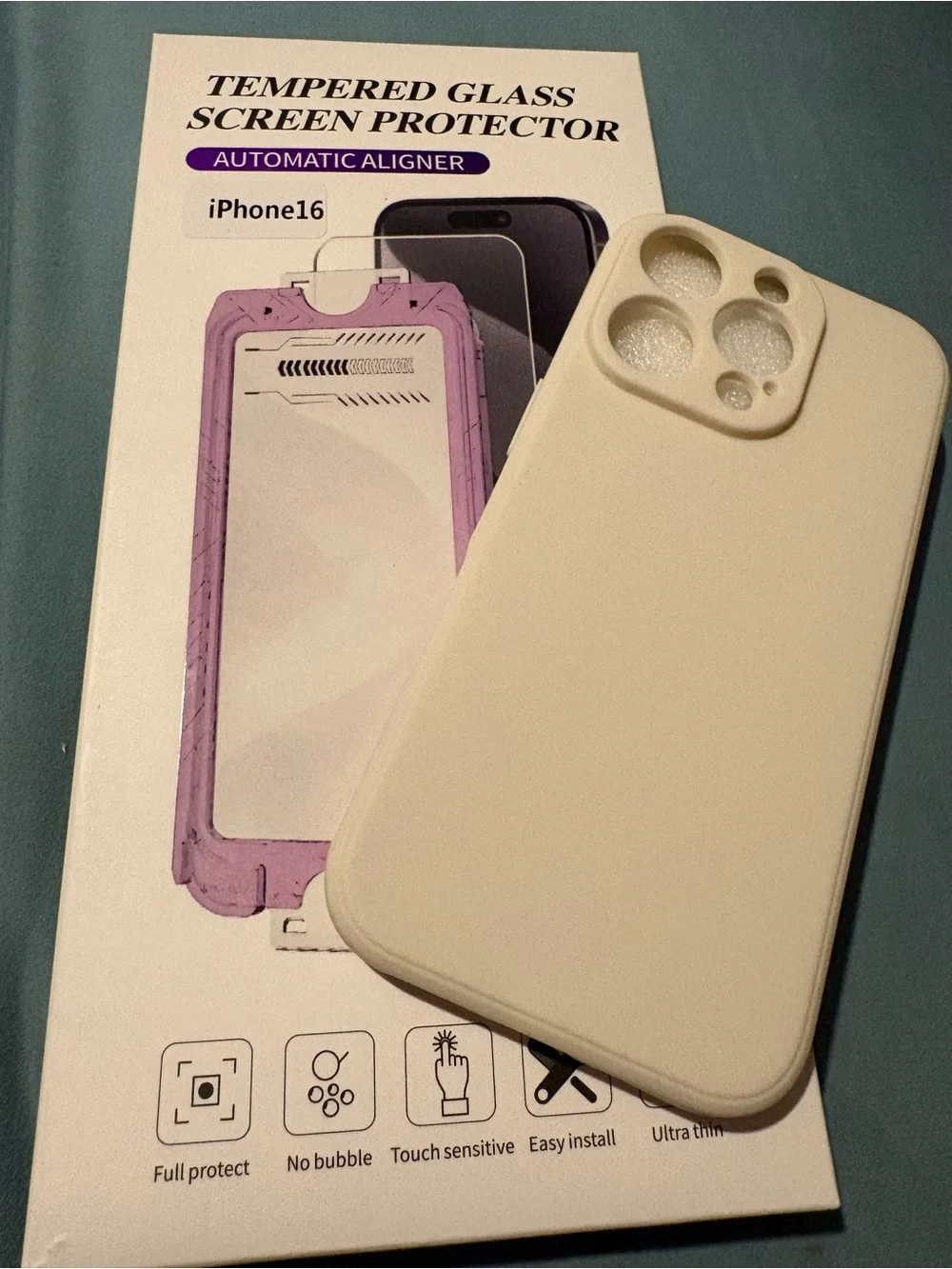 iPhone 16 Silicone Case with Tempered Glass Screen Protector - Cream